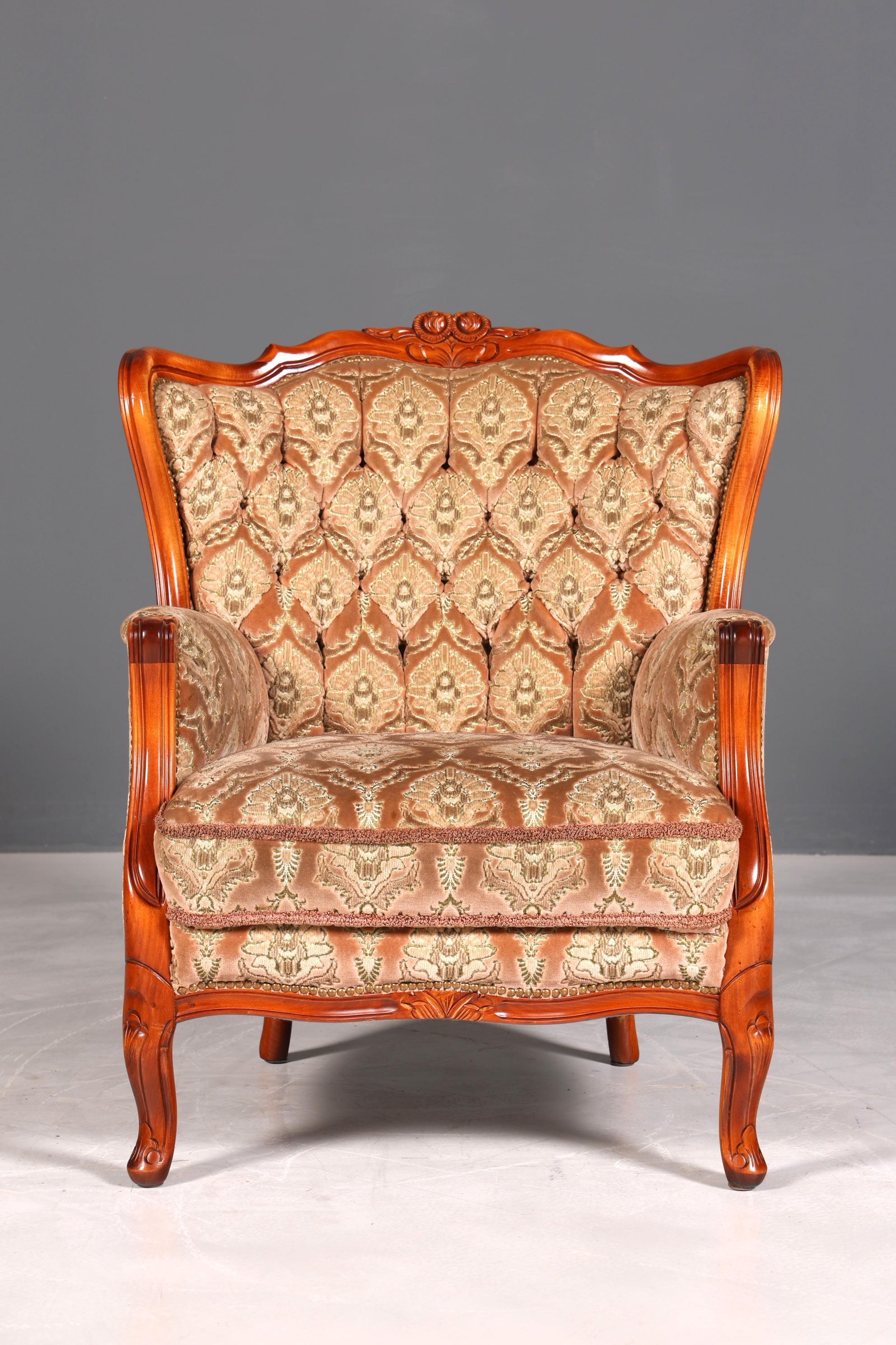 F901 Finish cm Edler Chippendale Armlehnsessel Barock Stil Sessel Armchair Samt Stoff Sessel