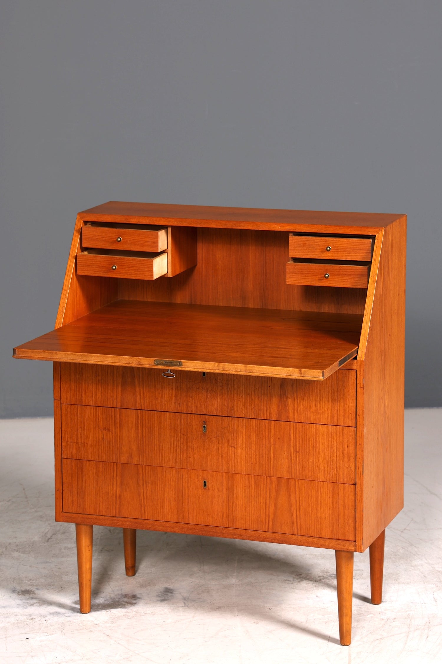 Schlichter Mid Century Sekretär Vintage Schreibmöbel Teak Holz Kommode Office Secretary