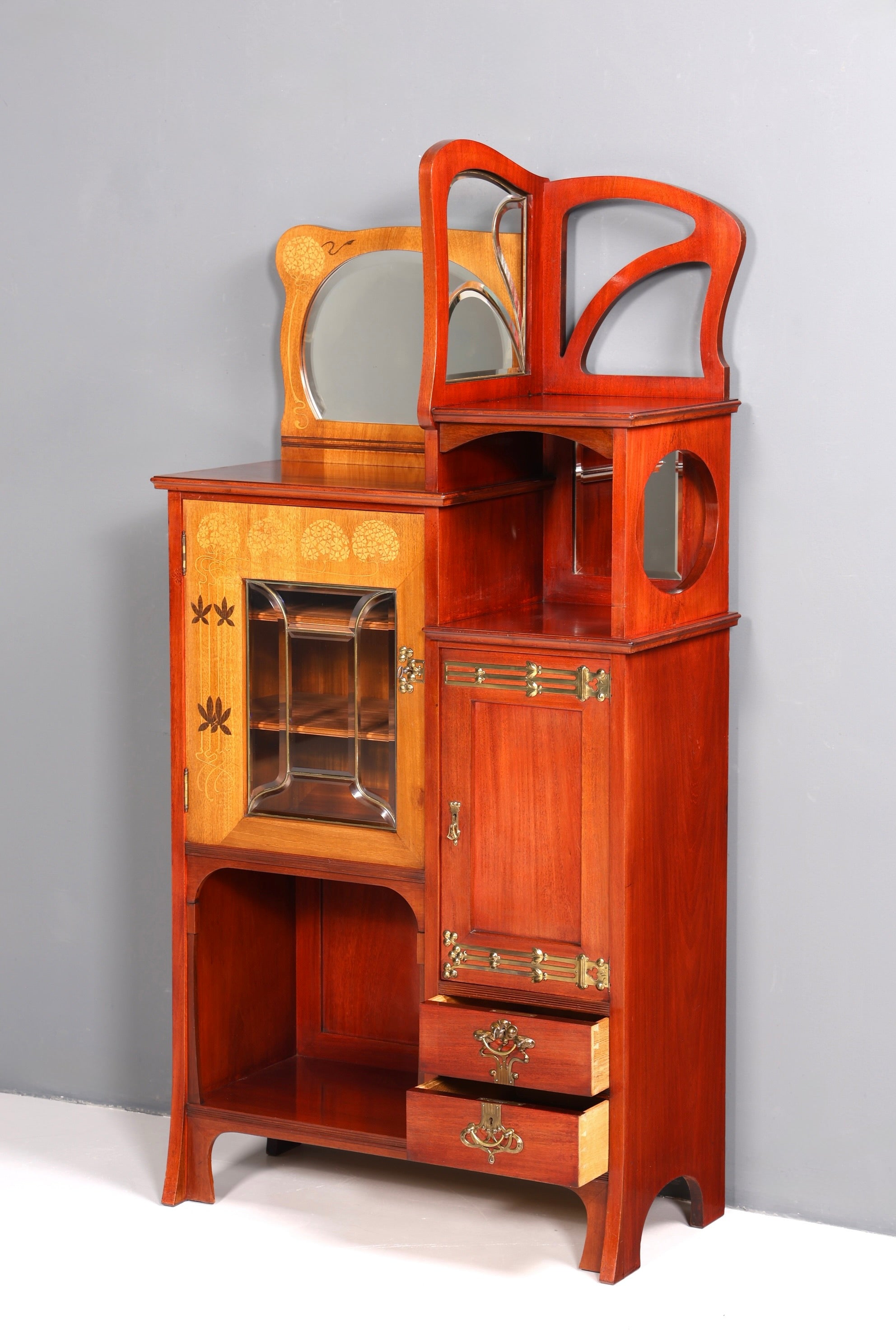 Filigraner Jugendstil Schrank um 1910 echt Holz Vertiko Vitrine Antik Regal Glasvitrine