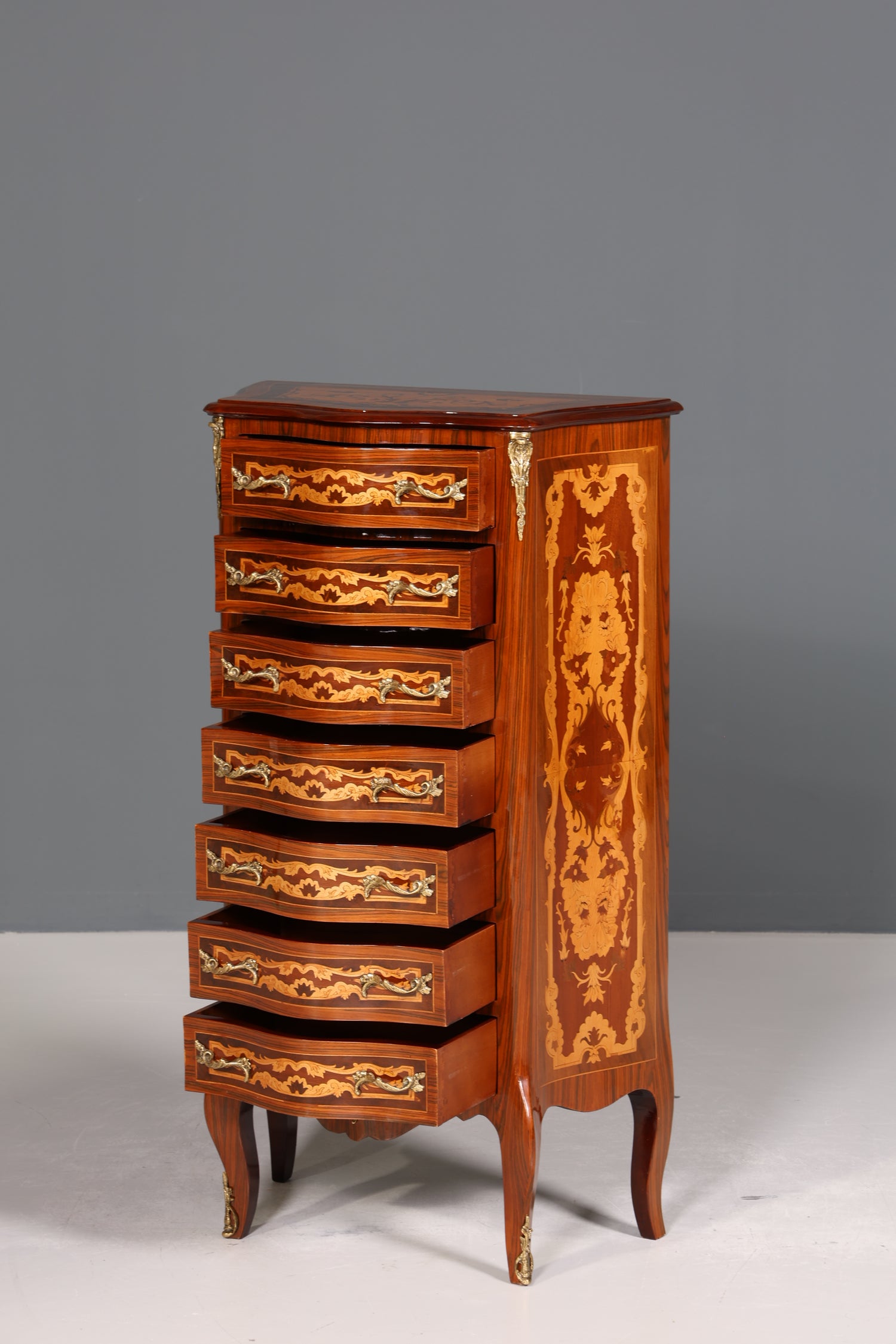 Traumhaftes Barock Stil Louis XV Highboard Intarsien Vertiko Kommode Schubladenkommode