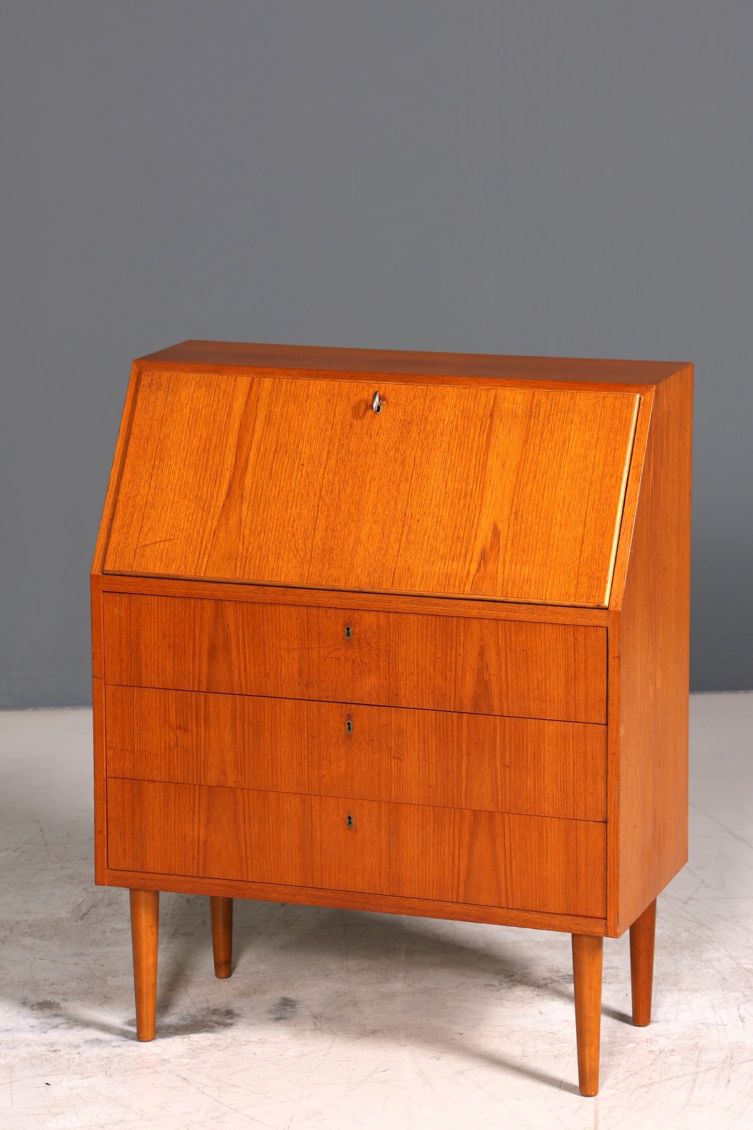Schlichter Mid Century Sekretär Vintage Schreibmöbel Teak Holz Kommode Office Secretary