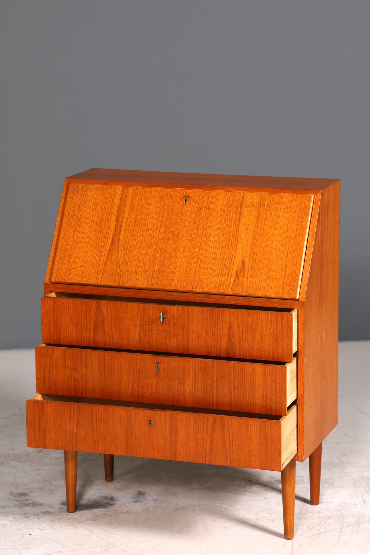 Schlichter Mid Century Sekretär Vintage Schreibmöbel Teak Holz Kommode Office Secretary
