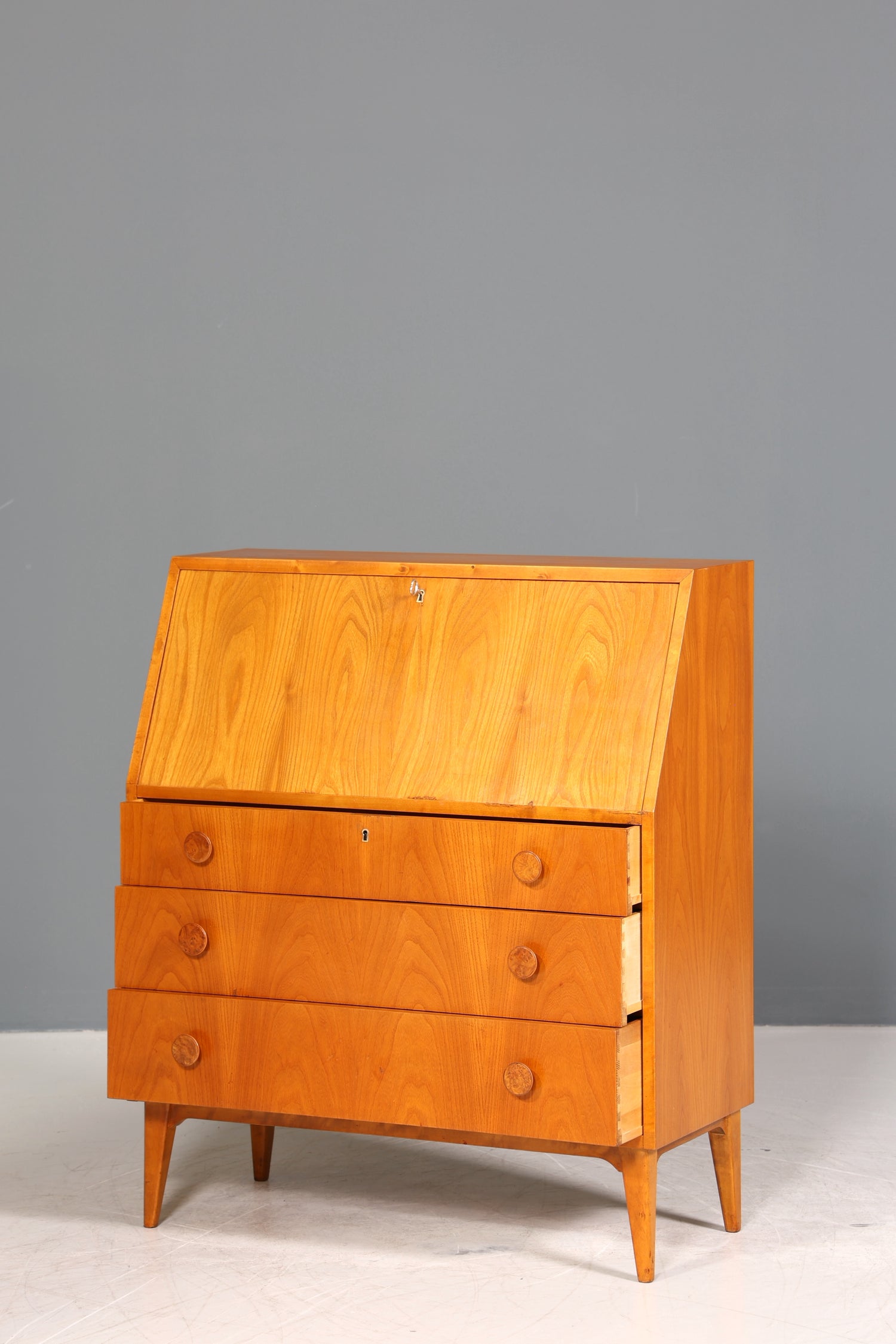 Schlichter Mid Century Sekretär Vintage Schreibmöbel echt Holz Kommode Office Secretary