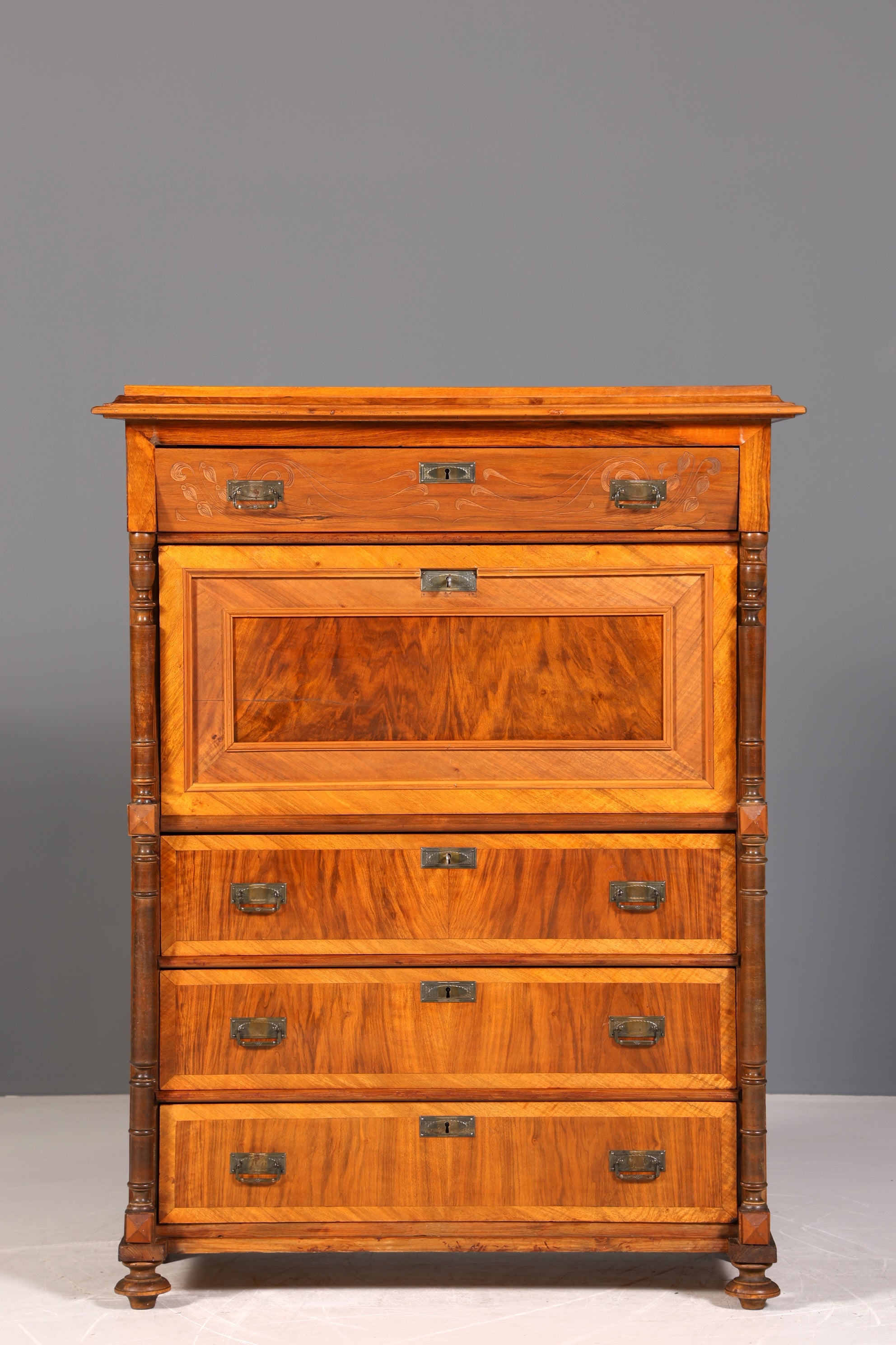 Beautiful Art Nouveau Secretary Walnut Gründerzeit Vertiko Antique Chest of Drawers around 1900
