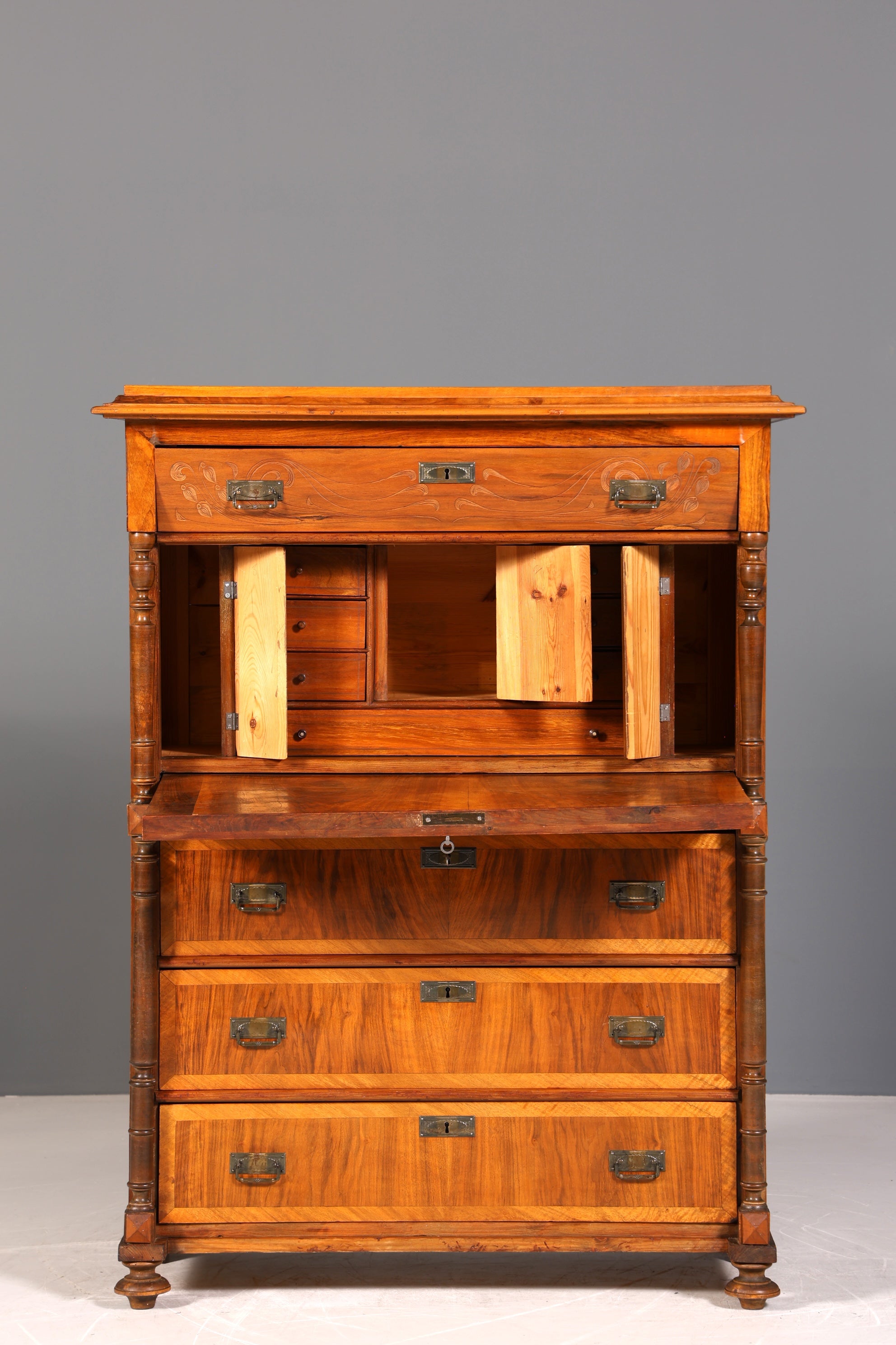 Beautiful Art Nouveau Secretary Walnut Gründerzeit Vertiko Antique Chest of Drawers around 1900