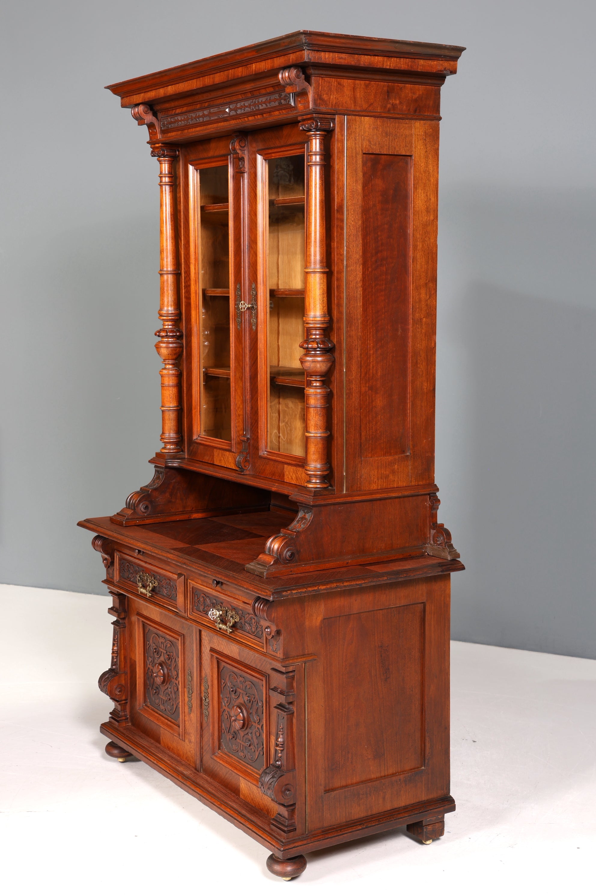 Edler Gründerzeit Vitrine Schrank Antik Nussbaum Regal Jugendstil Vitrinenschrank Geschirrschrank um 1880