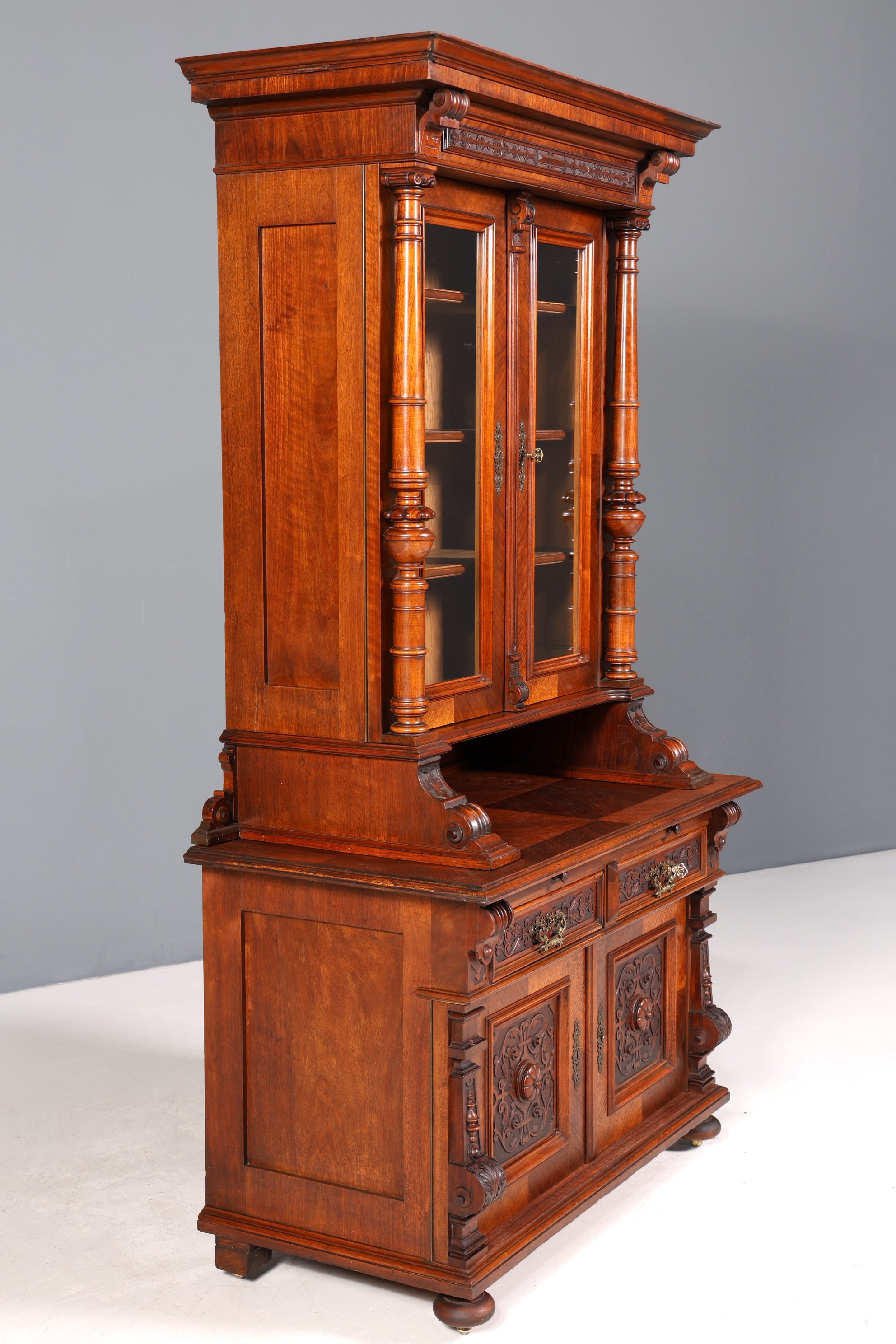 Edler Gründerzeit Vitrine Schrank Antik Nussbaum Regal Jugendstil Vitrinenschrank Geschirrschrank um 1880