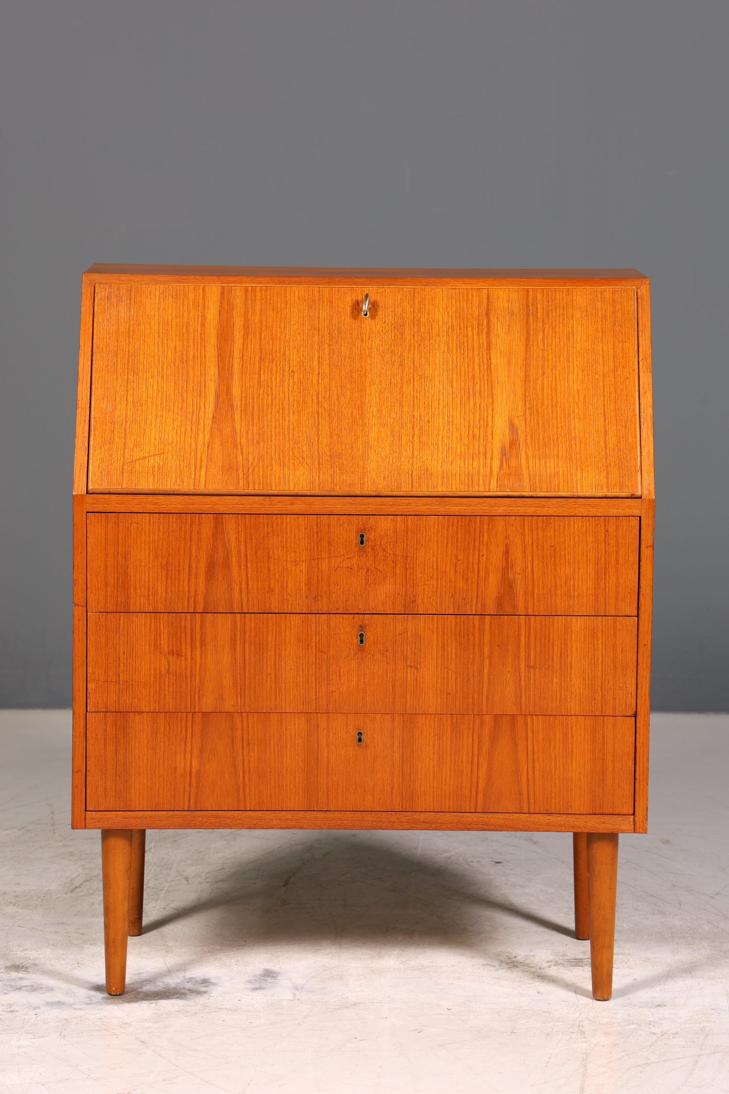 Schlichter Mid Century Sekretär Vintage Schreibmöbel Teak Holz Kommode Office Secretary