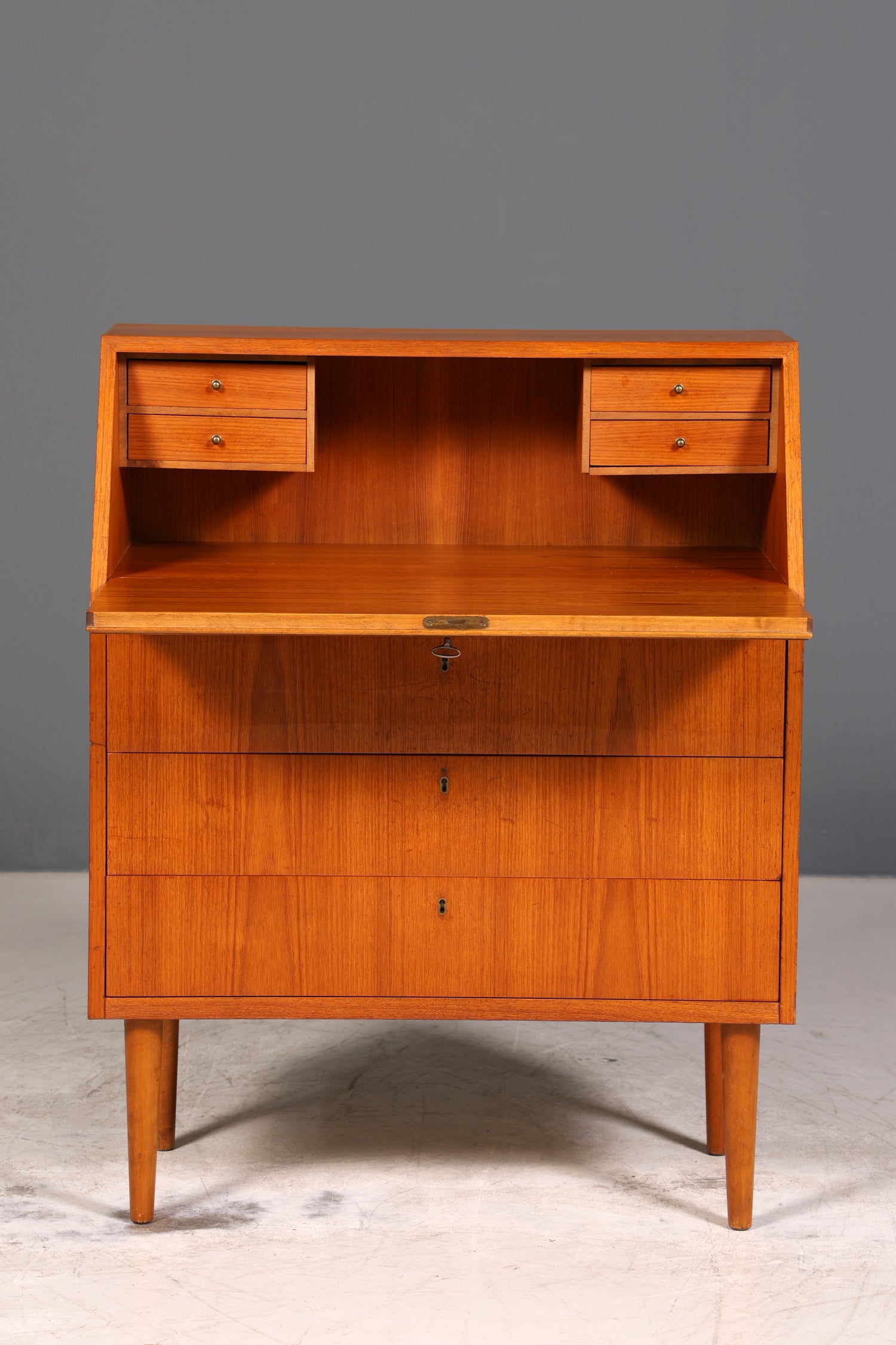 Schlichter Mid Century Sekretär Vintage Schreibmöbel Teak Holz Kommode Office Secretary
