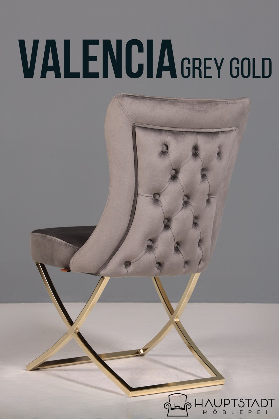 Edler Chesterfield Esszimmerstuhl &quot;Valencia&quot; in Grau Gold Küchenstuhl Samt Stuhl