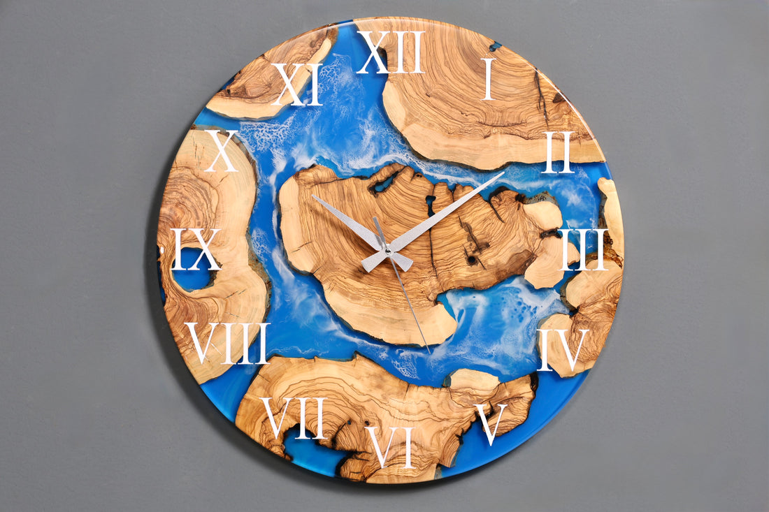 Wunderschöne Handgefertigte Epoxidharz Wanduhr Olivenbaum Blue Sea Uhr Epoxy Analog Uhr