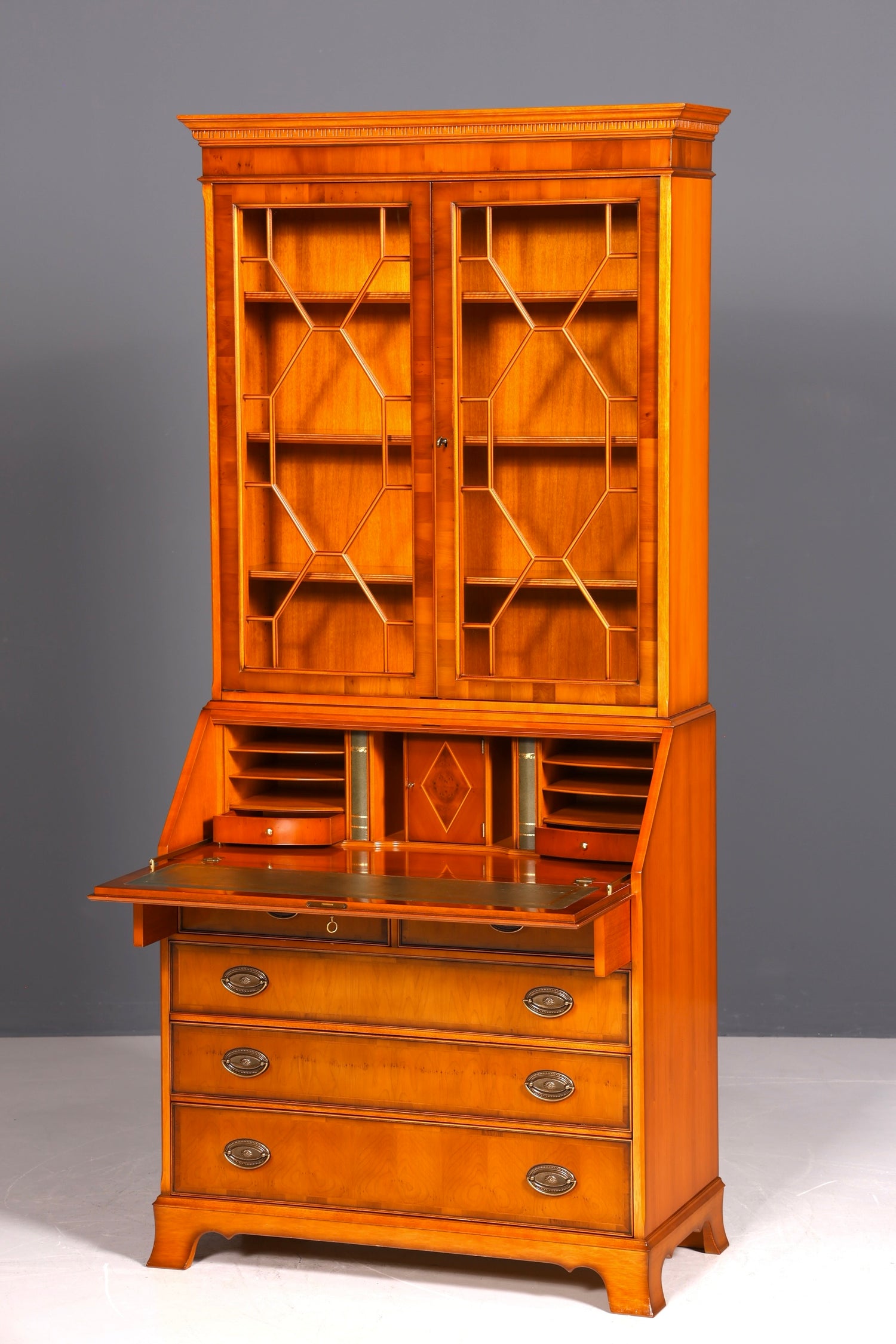 Stilvoller Englischer Sekretär Original Heldense Büro Aufsatzsekretär Eibe Antik 60S Vitrinen Schrank UK