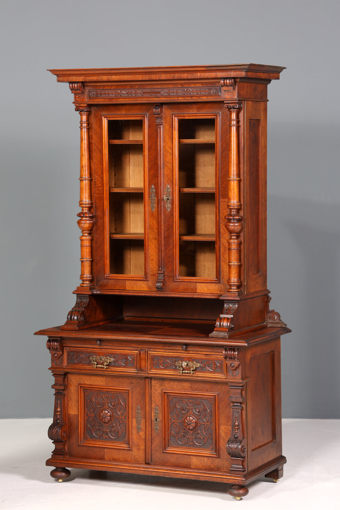 Edler Gründerzeit Vitrine Schrank Antik Nussbaum Regal Jugendstil Vitrinenschrank Geschirrschrank um 1880