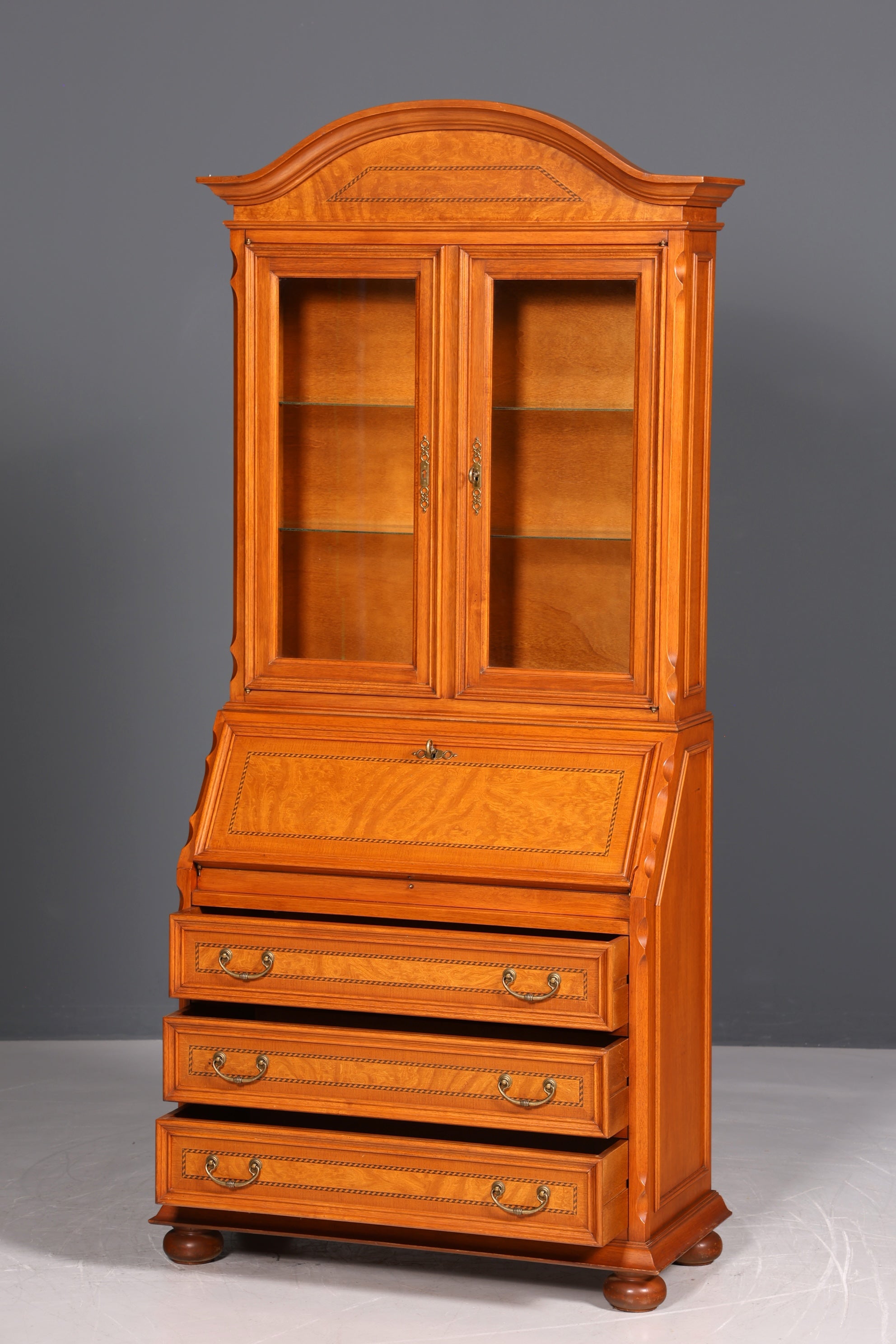 Wunderschöner Original Selva Sekretär Vitrine Antik Stil Bürotisch mit Vitrinenaufsatz echt Holz Office Desk Bürokommode