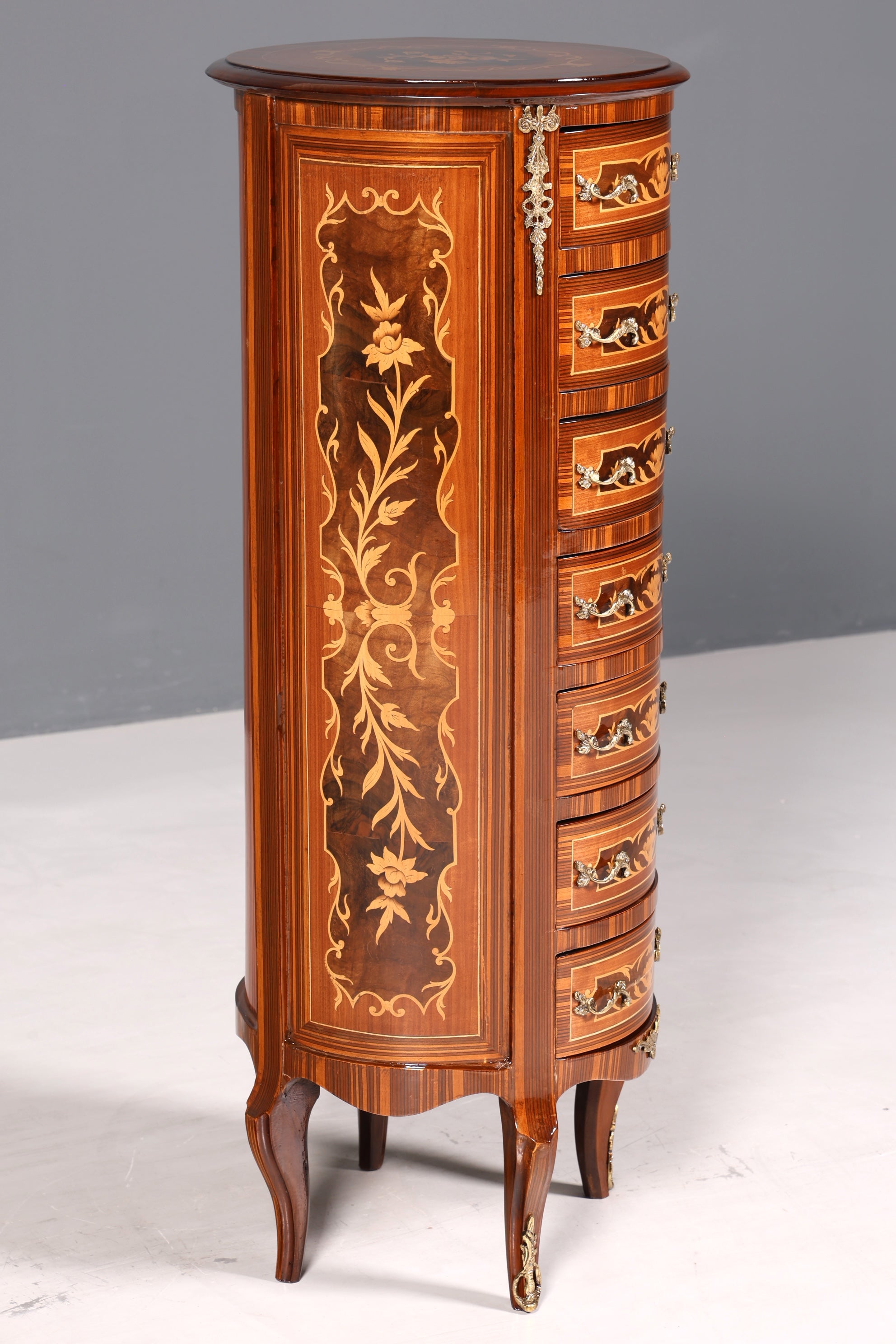 Wunderschöne Barock Stil Kommode Vertiko Intarsien Schubladenkommode 7-Schübige Kommode