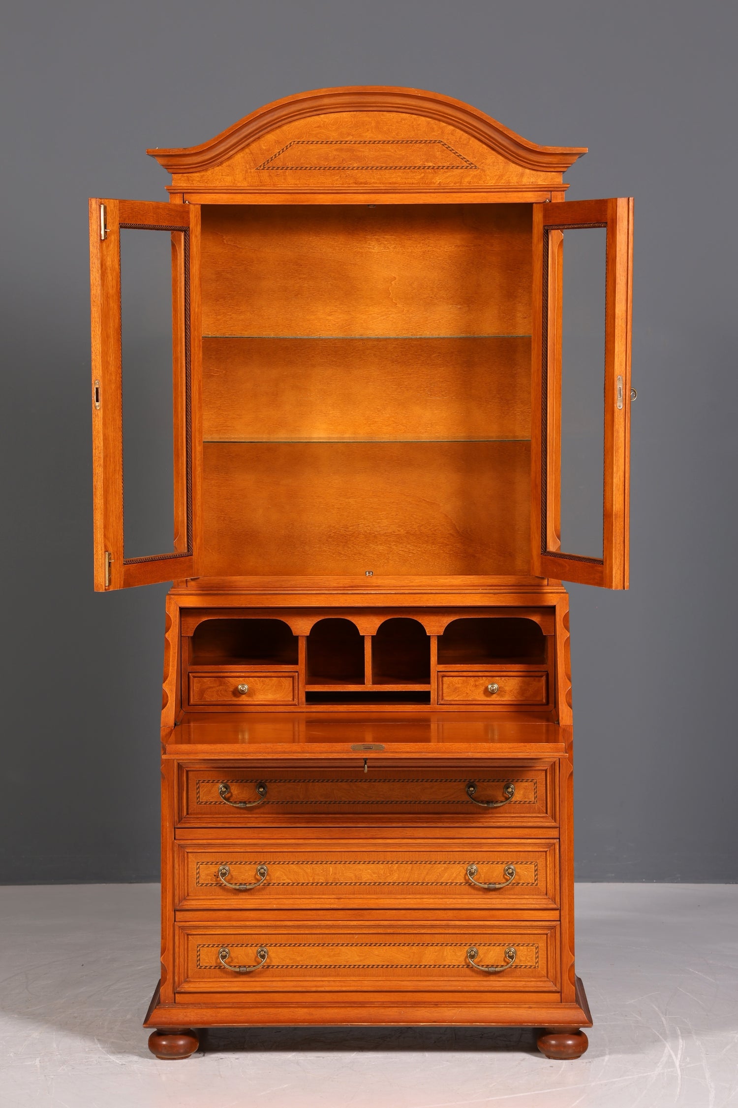 Wunderschöner Original Selva Sekretär Vitrine Antik Stil Bürotisch mit Vitrinenaufsatz echt Holz Office Desk Bürokommode