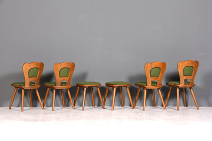 4x Schlichte Landhausstil Stühle mit zwei Hocker Retro Stuhlset Antik Stil Eiche Küchenstühle Bauernstühle Esszimmer Stühle