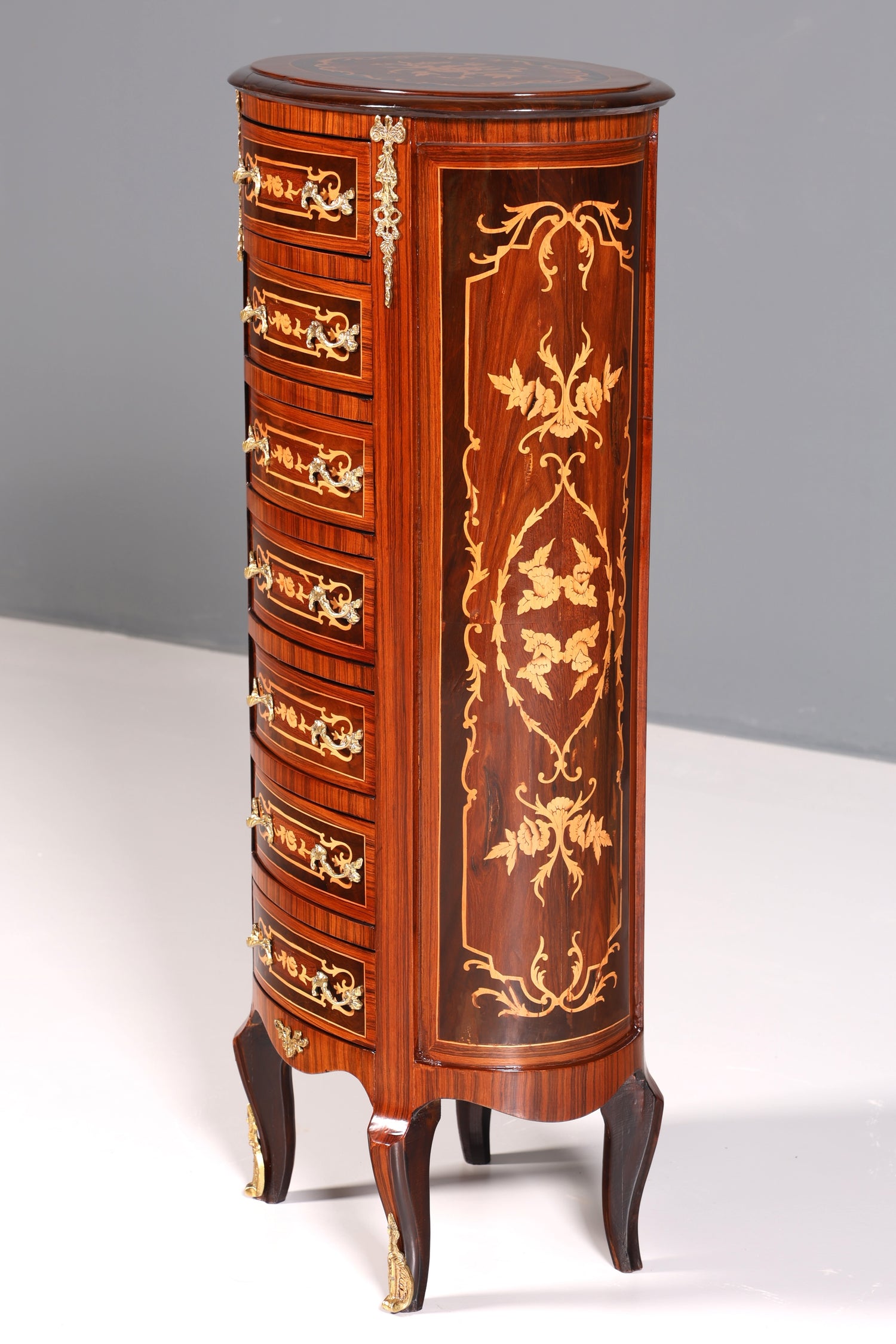 Wunderschöne ovale Barock Stil Kommode Vertiko Intarsien Schubladenkommode 7-Schübige Kommode