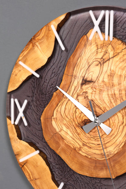 Stilvolle Handgefertigte Epoxidharz Wanduhr Olivenbaum Uhr grau Epoxy Analog Uhr