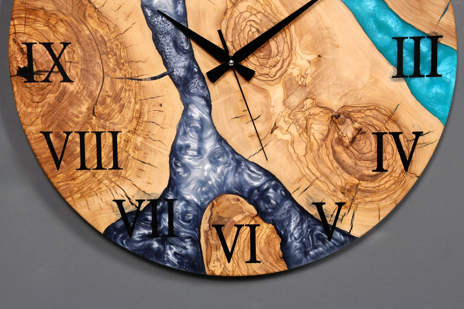 Wunderschöne Handgefertigte Epoxidharz Wanduhr Olivenbaum Blue Ocean Uhr Epoxy Analog Uhr
