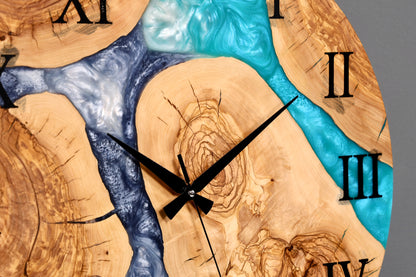 Wunderschöne Handgefertigte Epoxidharz Wanduhr Olivenbaum Blue Ocean Uhr Epoxy Analog Uhr