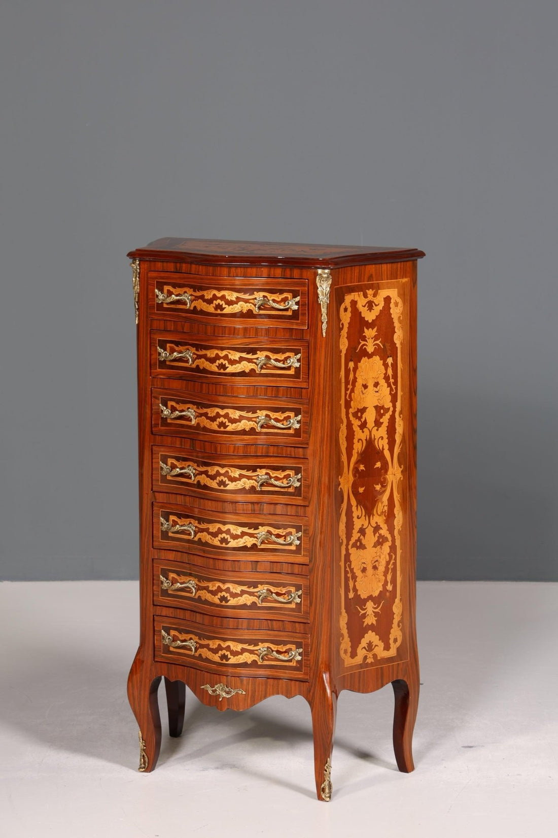 Stilvolles Barock Stil Louis XV Highboard Intarsien Vertiko Kommode Schubladenkommode